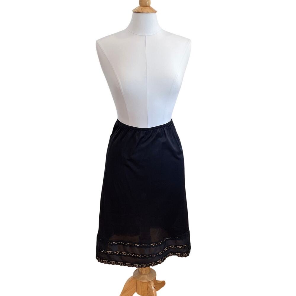 Vintage Enchanted Black Half Slip Satin Skirt with Lace Trim, Size M